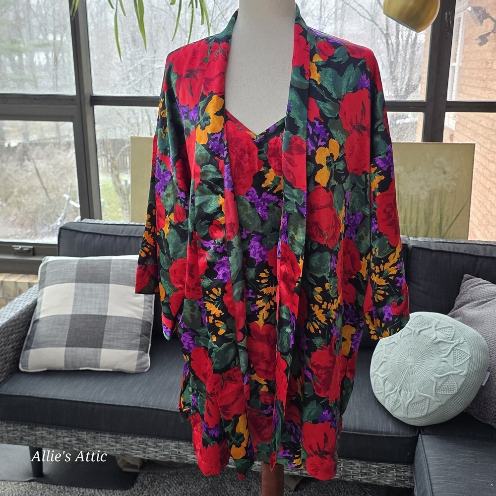 Victorias Secret Gold Label Satin Red Black Floral Robe Slip Dress Nightie Set M